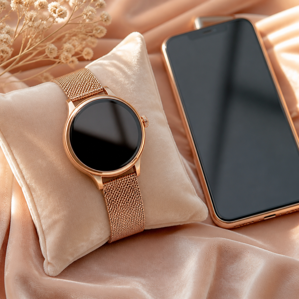 A stylish Radley smartwatch with a floral strap resting on a wooden bedside table next to a smartphone.