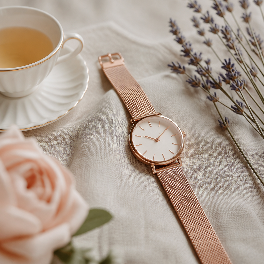 An overhead shot of a Radley smartwatch and a small cup of tea on a cream-coloured desk.