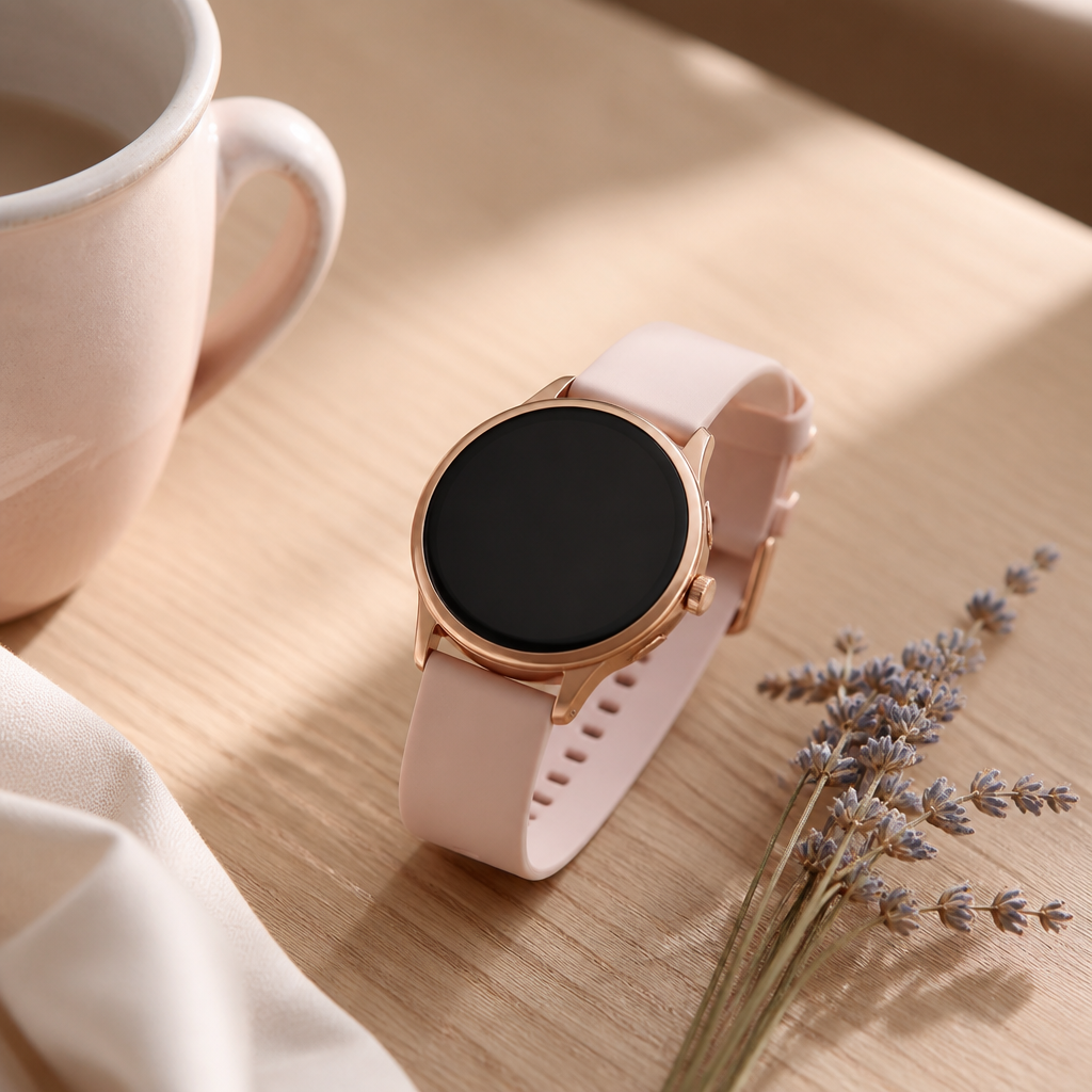 A stylish Radley smartwatch with a rose gold case and silicone strap resting on a wooden coffee table next to a cup of tea.