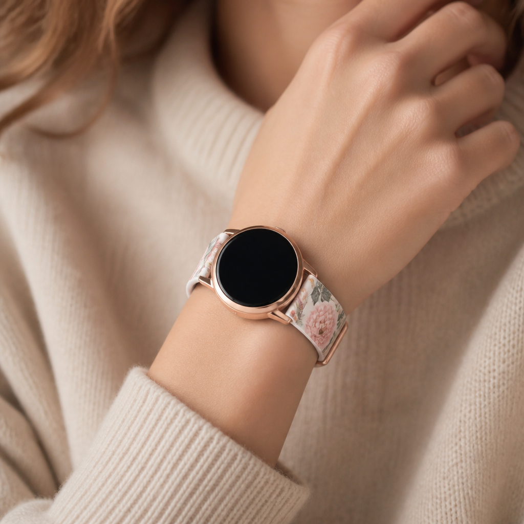 A close-up of a wrist wearing a floral patterned Radley strap, held against a soft knit jumper.