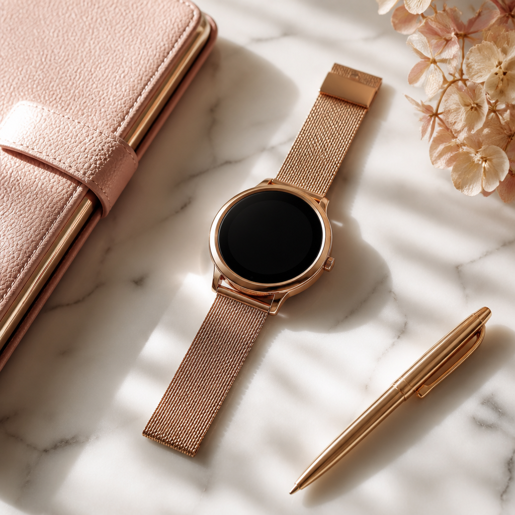 A Radley smartwatch lying on a marble surface next to a gold pen and a leather-bound journal.