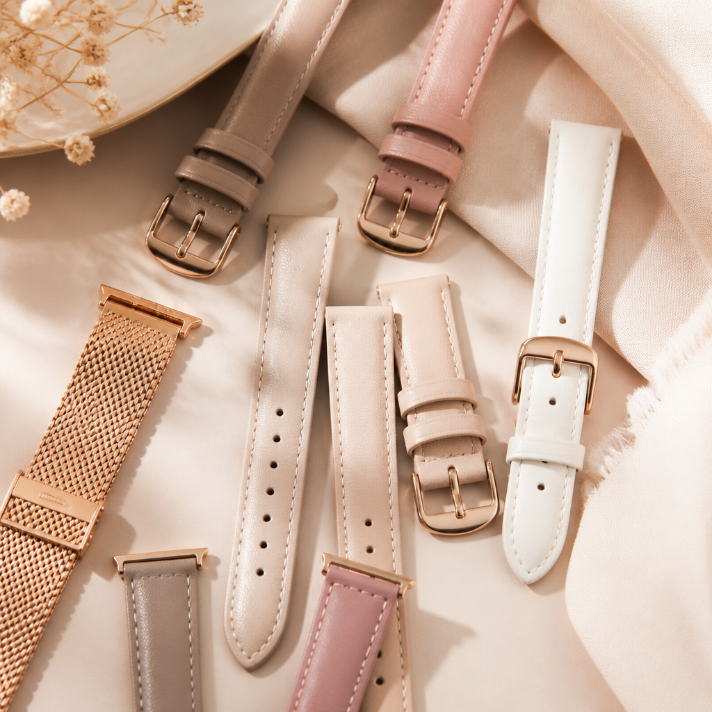 A top-down view of several delicate leather and silicone watch straps arranged neatly on a pastel pink surface with rose gold hardware.