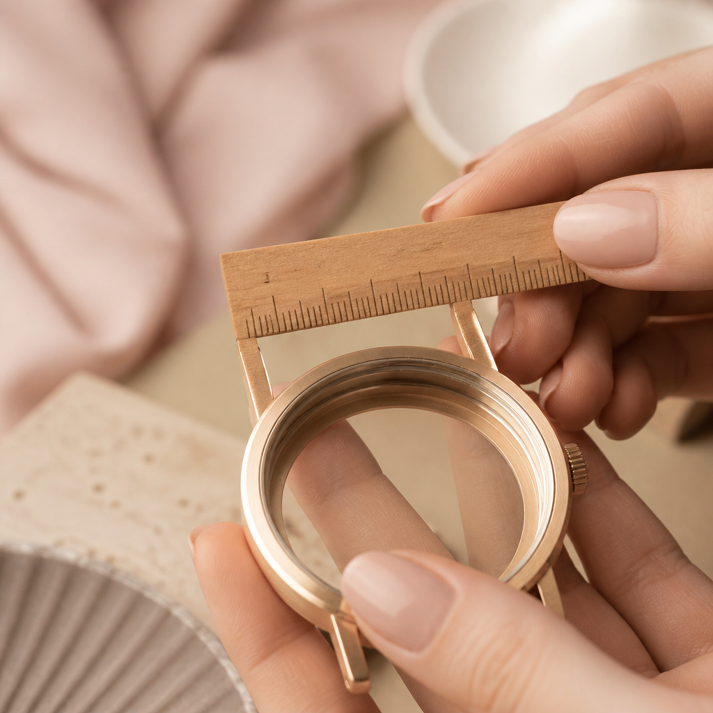Close-up of a person measuring the space between the lugs of a rose gold watch with a metric ruler.