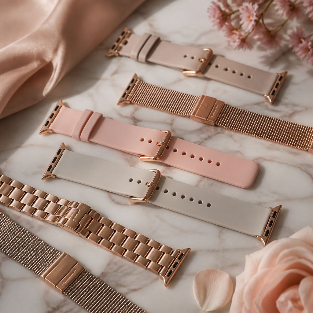 A collection of soft silicone and mesh straps in shades of tan, blush, and navy blue.