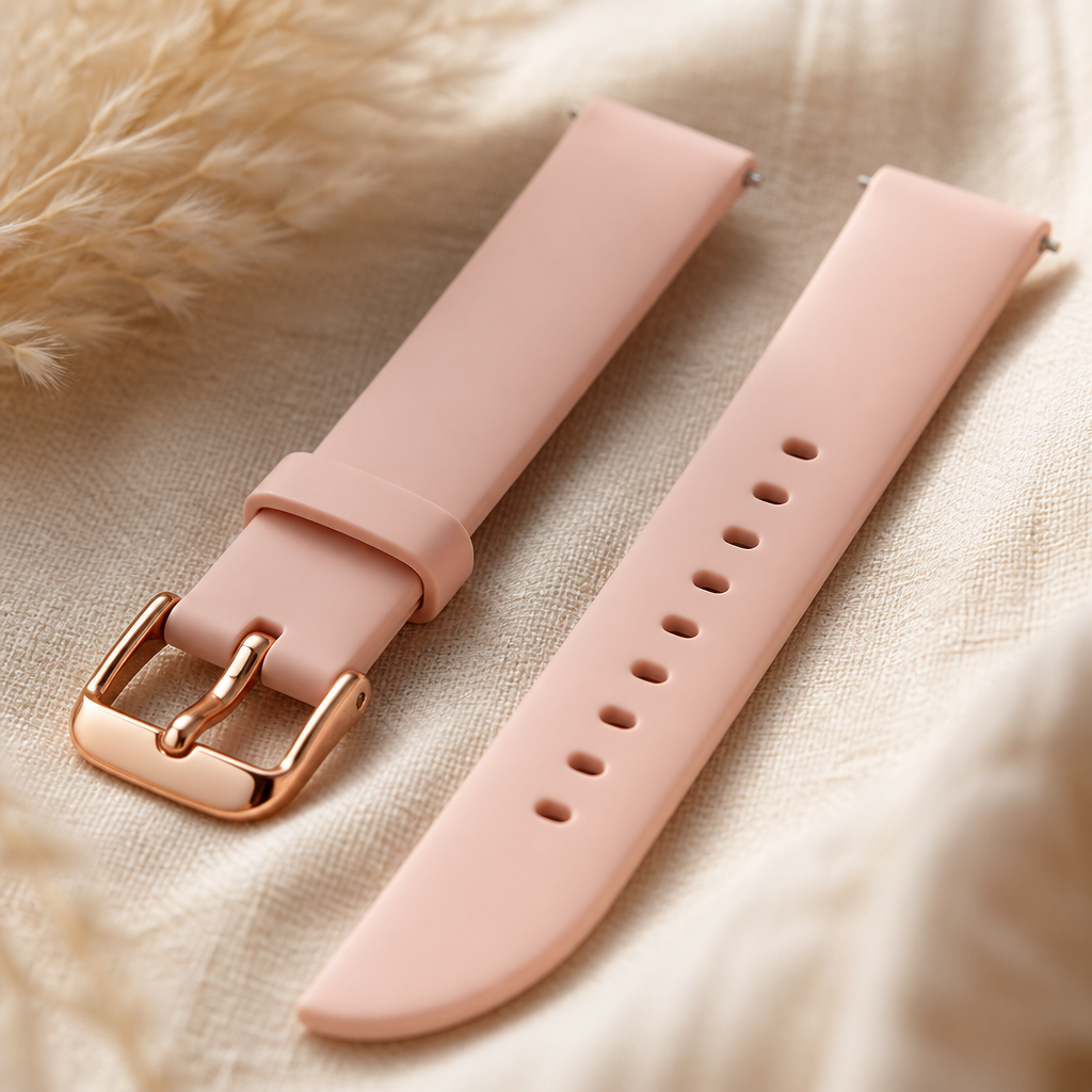 A luxury close-up of a pink silicone watch strap with a rose gold buckle resting on a soft cream fabric.