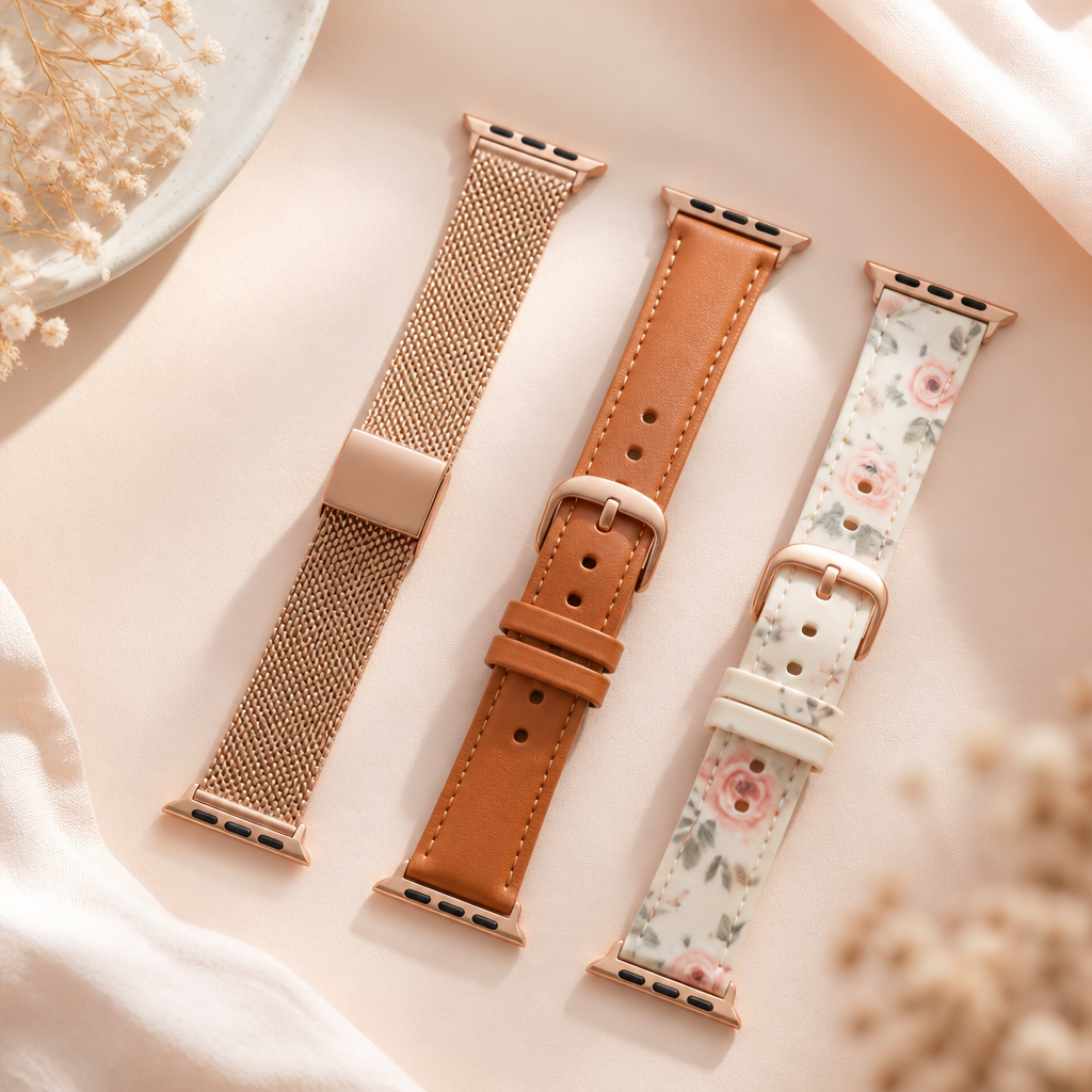 A collection of different watch straps including mesh, leather, and silicone.
