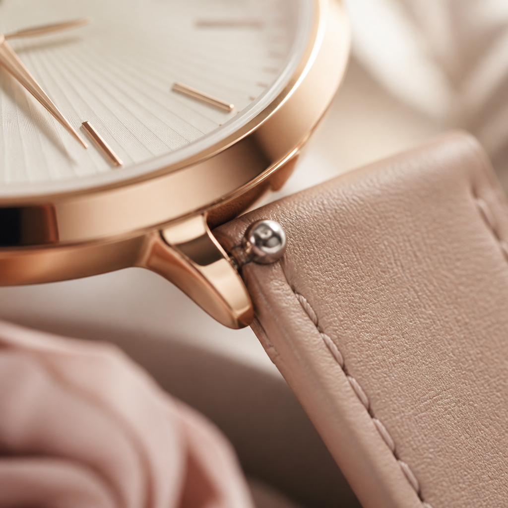 A close-up of a watch lug showing a quick-release spring bar mechanism.