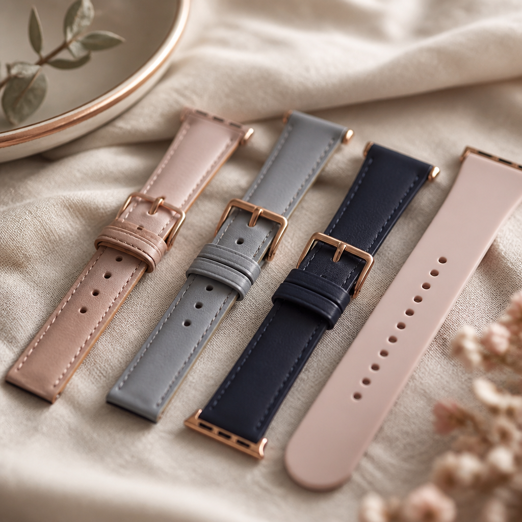 A selection of colourful watch straps and a small spring bar tool resting on a soft fabric surface.