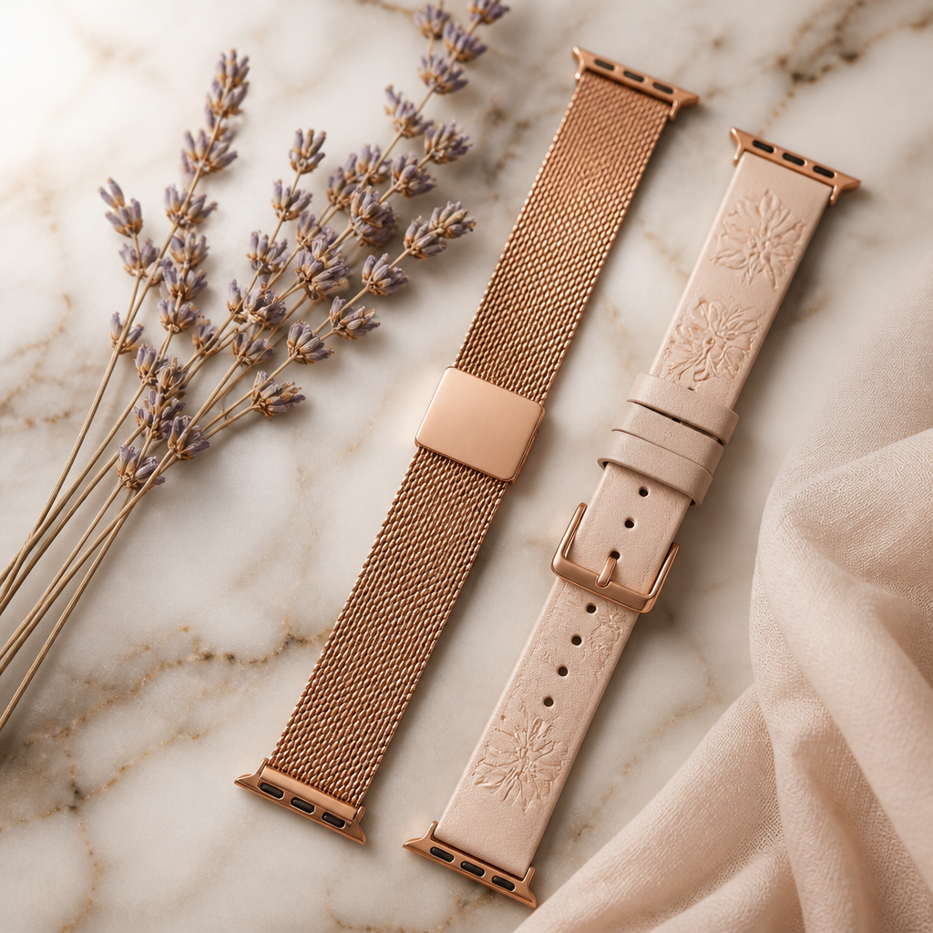 Two different watch straps laid out side by side, one mesh metal and one patterned leather.