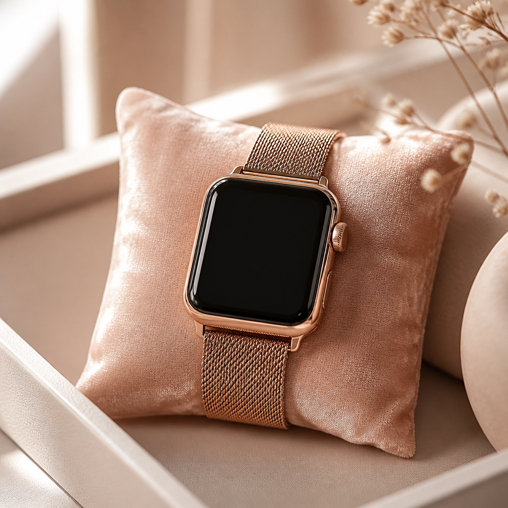 A stylish rose gold smartwatch laying on a velvet cushion next to a cup of tea and a stack of leather notebooks.