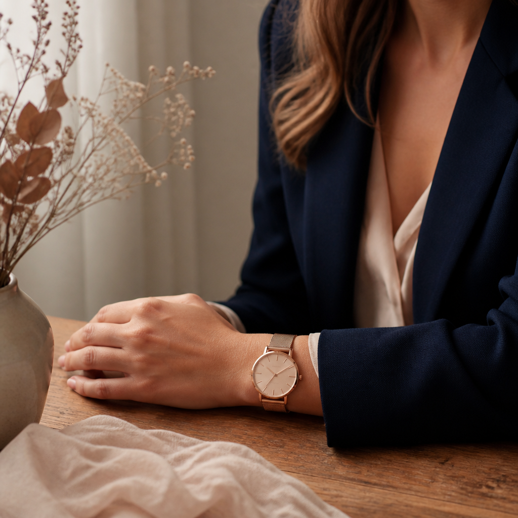 A woman wearing a navy blue blazer and a rose gold watch, holding a leather handbag.
