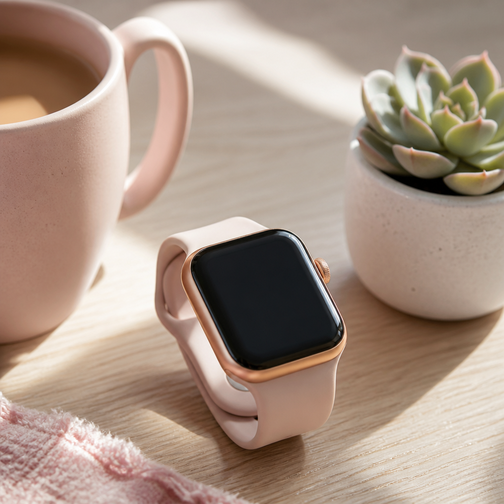 A stylish smartwatch with a floral strap resting on a wooden bedside table next to a cup of herbal tea.