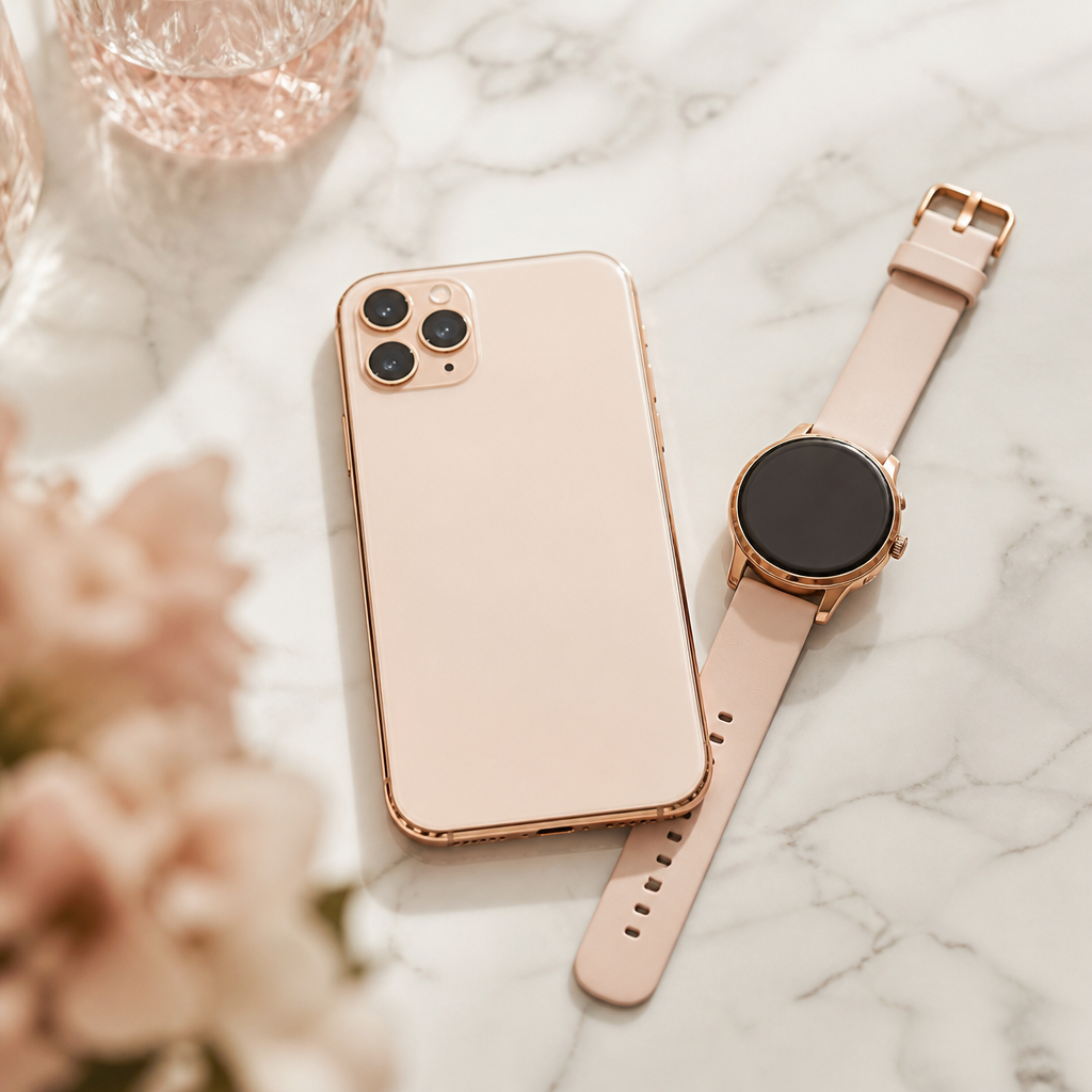 A woman's hand holding a smartphone next to a rose gold smartwatch on a marble countertop.
