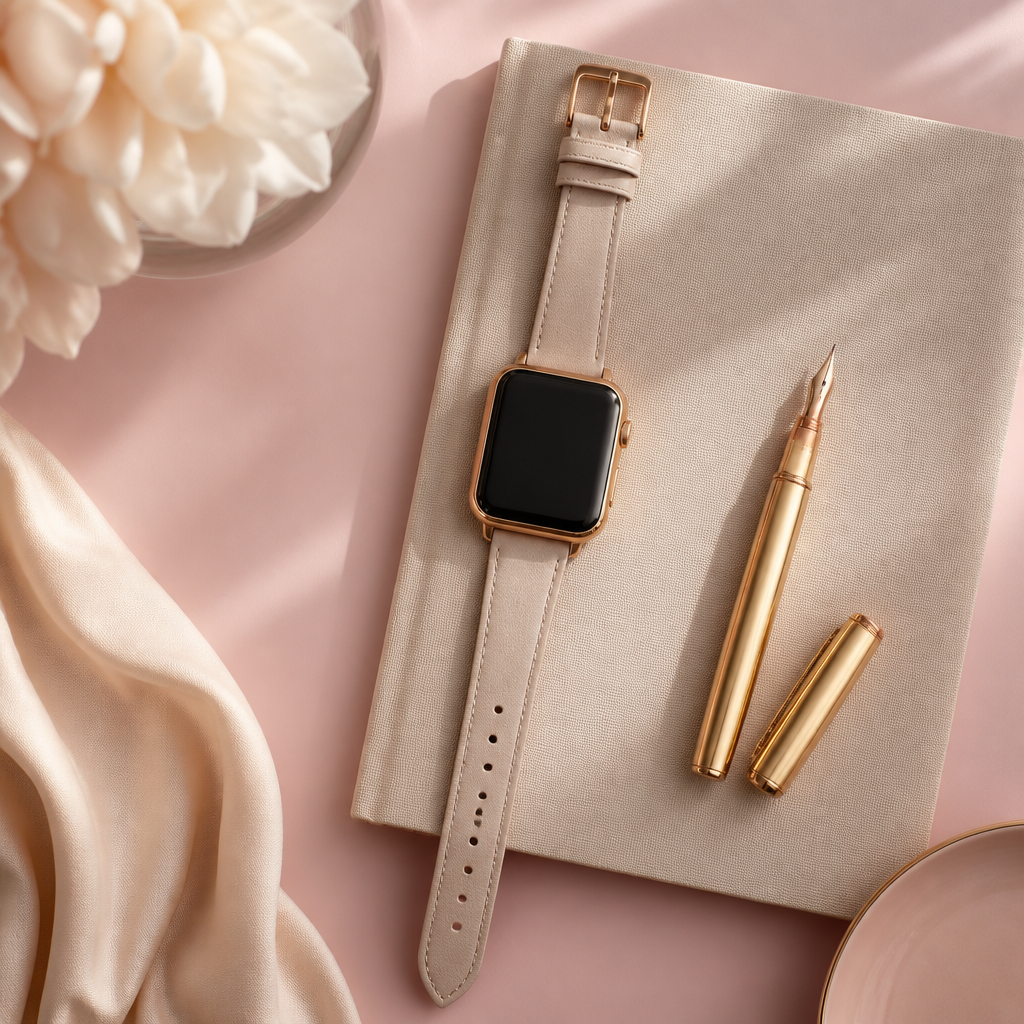 A flat-lay of a Radley watch, a leather notebook, and a gold pen on a pink background.