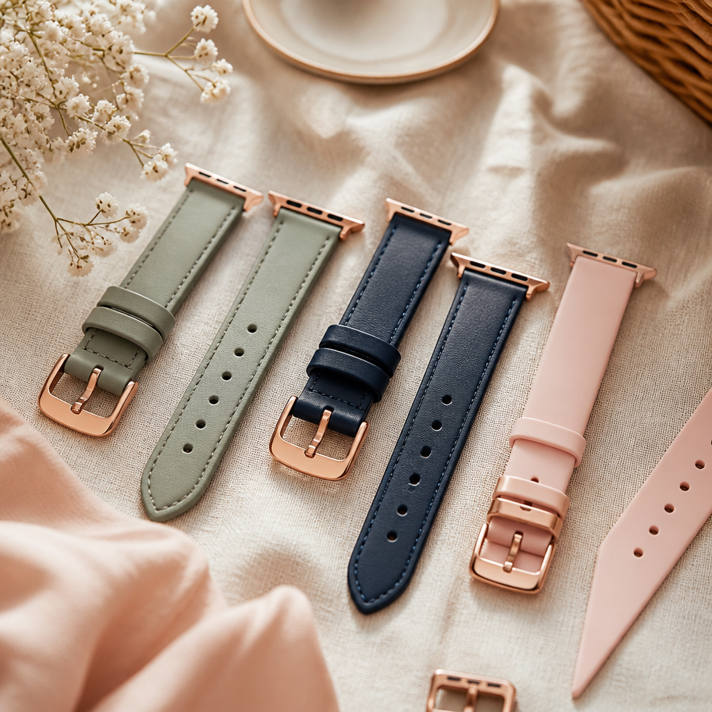 A collection of luxury leather and silicone watch straps arranged neatly on a soft blush velvet surface with rose gold accents.