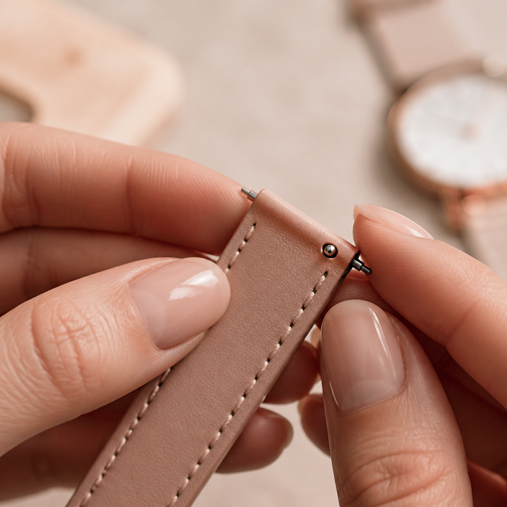 Close-up of a person's hands delicately holding a universal 20mm watch strap against a neutral background.