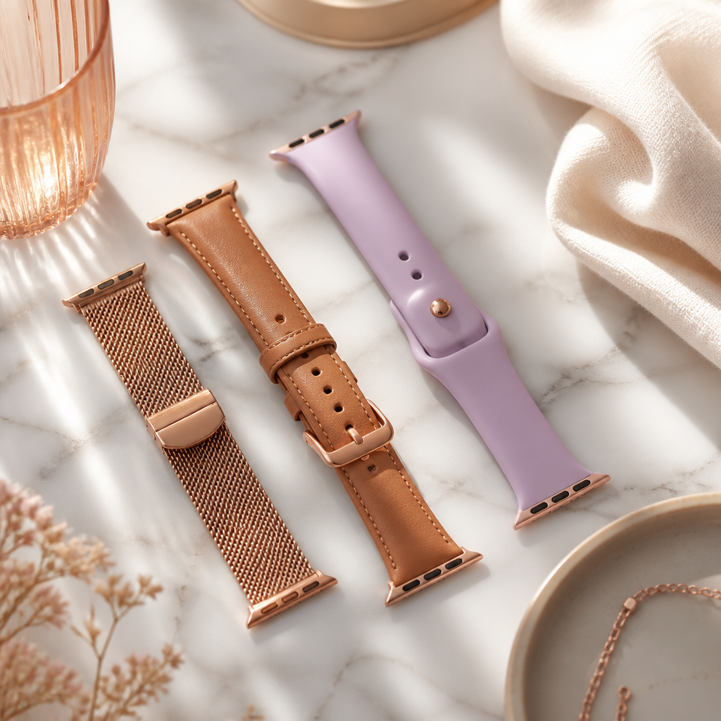 A variety of watch straps in different materials including mesh and leather laid on a marble surface.