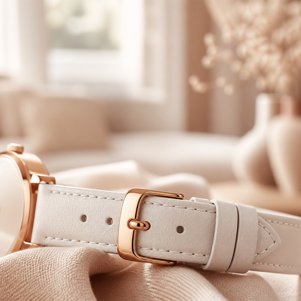 A close-up of a rose gold watch buckle and a pink leather strap against a soft beige background.