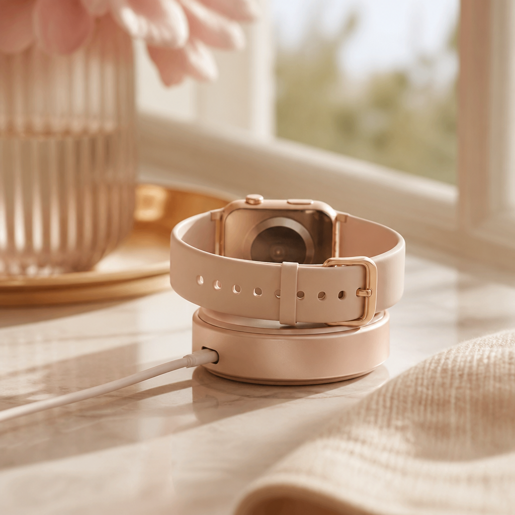 A rose gold Radley smartwatch charging cradle sitting on a marble surface next to a glass of water and a leather diary.
