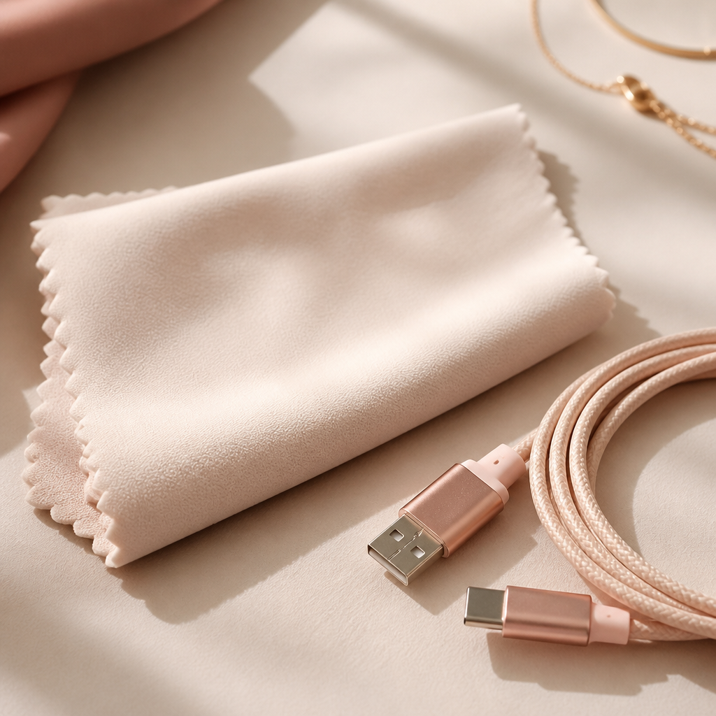 Close up of a charging cable and a soft microfibre cloth on a vanity table.