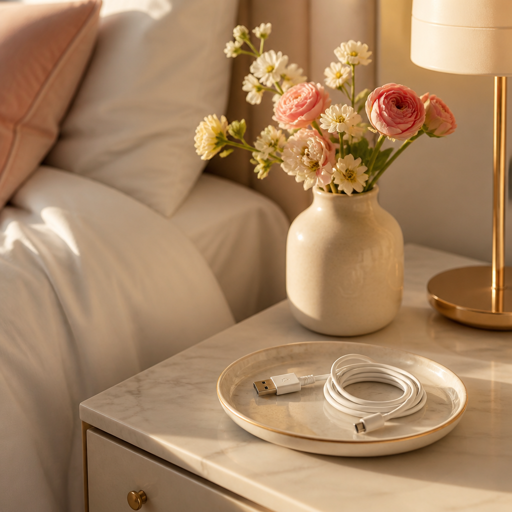 A Radley watch box and charging components on a bedside table.