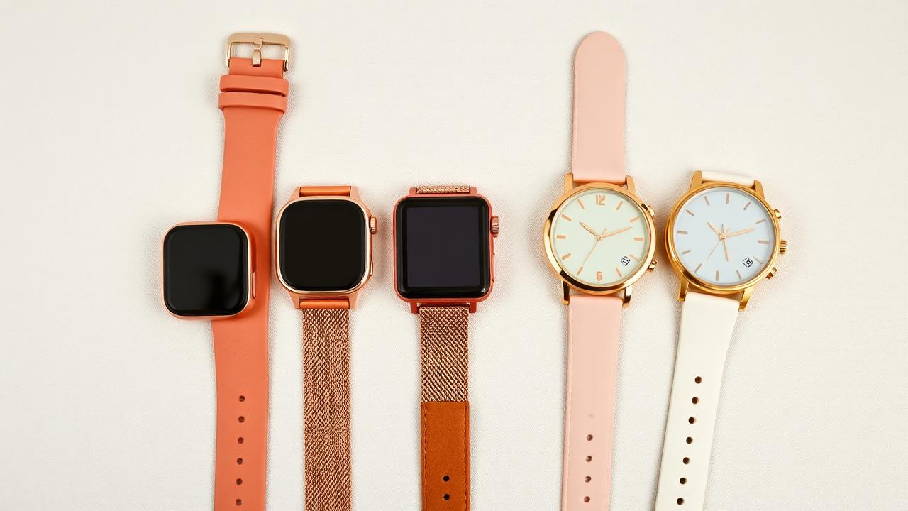 A row of elegant women's smartwatches with rose-gold cases and different pastel straps on a cream linen surface.