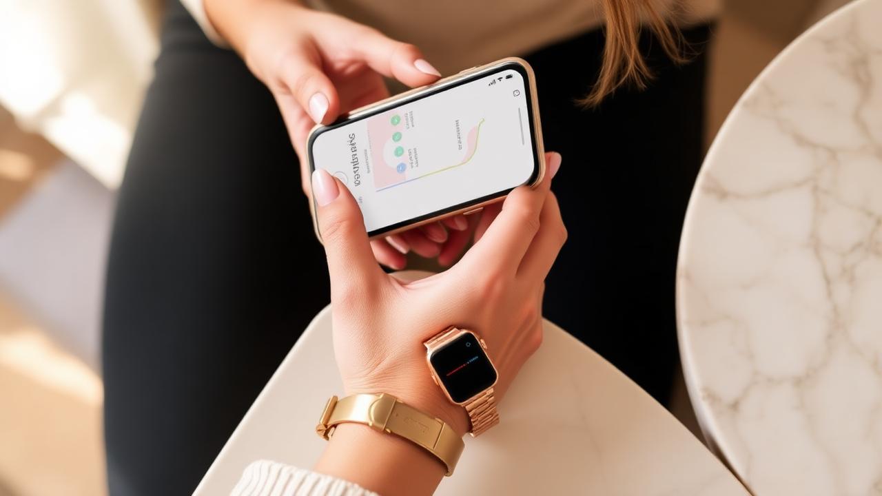 A woman's hands holding a smartphone showing a fitness app, with a rose-gold smartwatch resting on a cream marble surface.