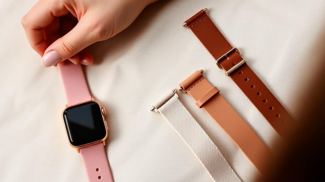 A close-up of a hand releasing the quick-release pin on a rose-gold smartwatch, with pink, tan and ivory replacement straps arranged on cream fabric.